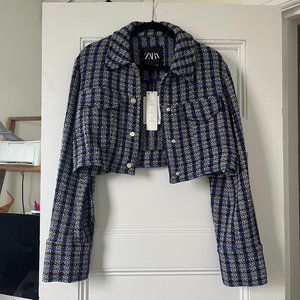 Blue black and white microplaid cropped tweed jacket